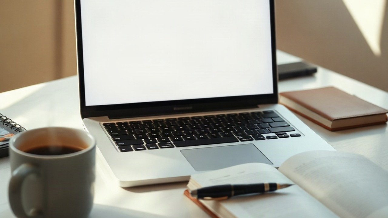 A writer's desk with a laptop, notebook, pen and coffee
